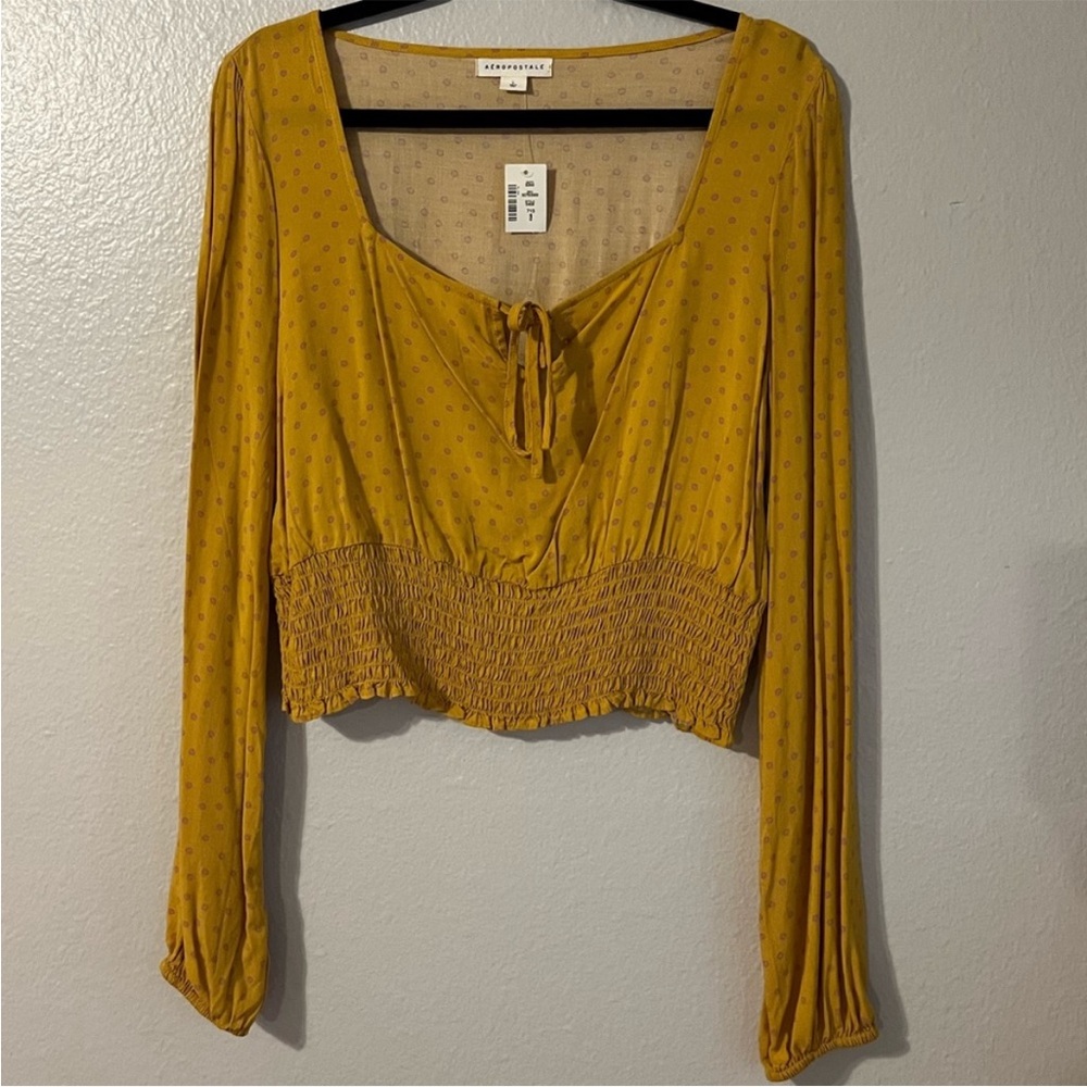 NWT Aéropostale Yellow Long Sleeve Dot Smocked Crop Top
